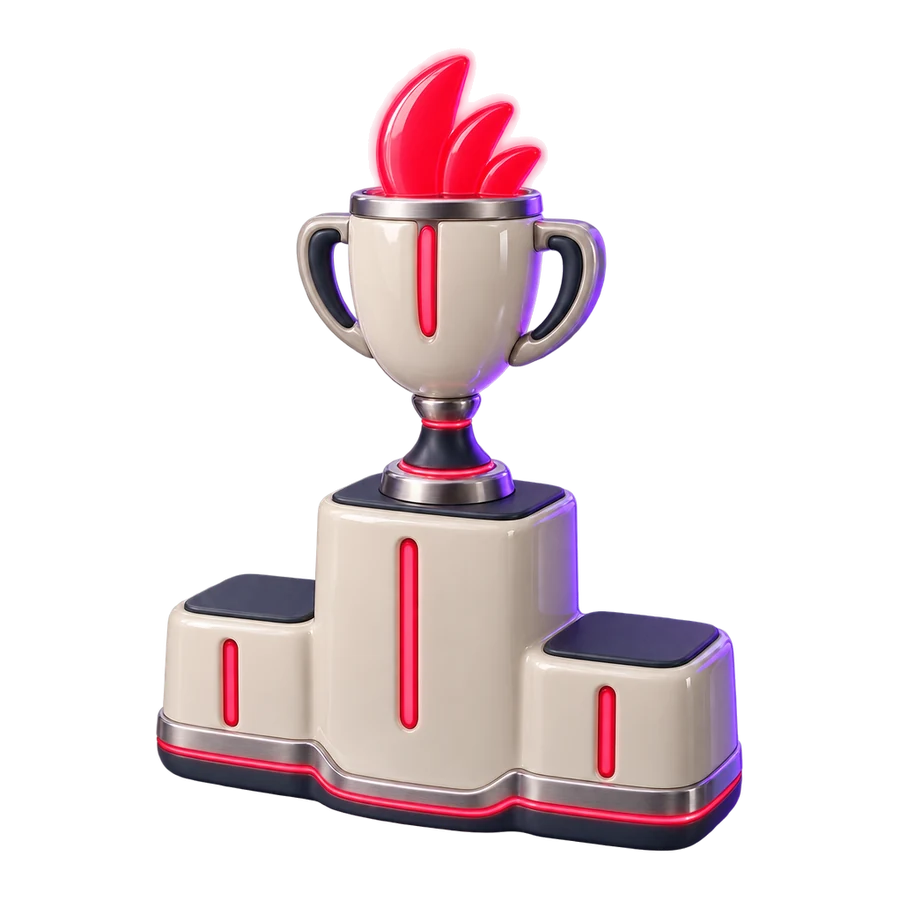 A winner podium holding a trophy topped with a red rooster comb